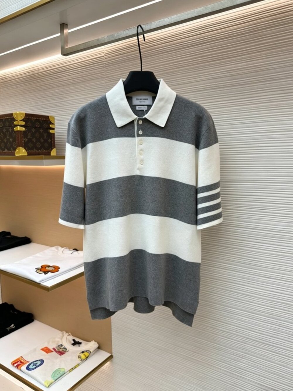 Thom Browne Polo — Wide-Striped, 100% Cotton, Short-Sleeve; Size M